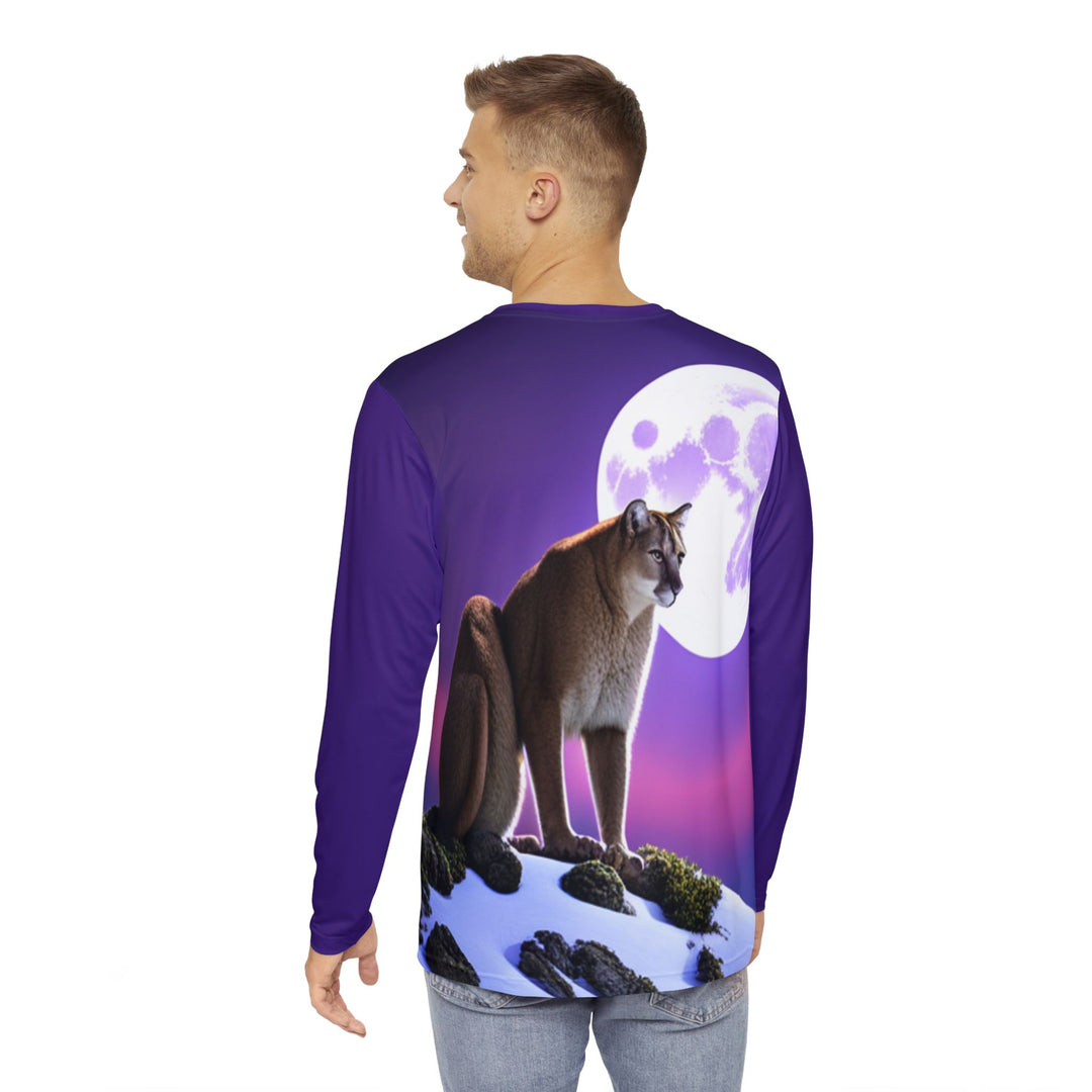 Men's Long Sleeve Shirt (AOP)- mountain under full moon and purple sky