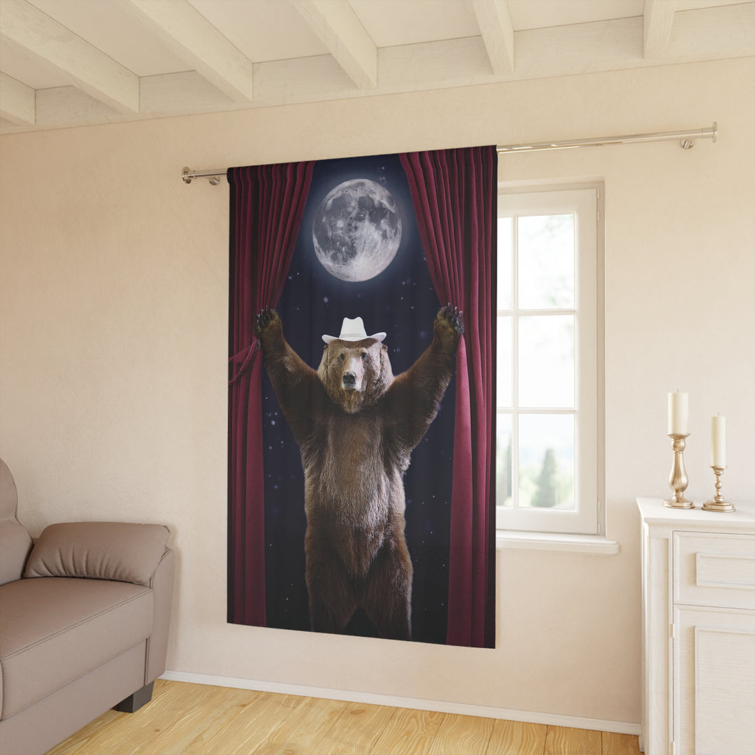 Curtain Panel - Grizzly Bear Cowboy Hat Full Moon Design