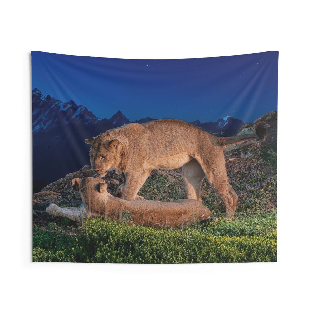 lions at night Indoor Wall Tapestries