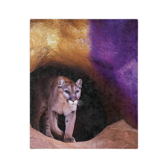 Velveteen Microfiber Blanket - Mountain Lion Cave Purple Gold Design