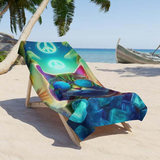 Cool Cat Beach Towel – Vibrant Tropical Design with Peace Symbol