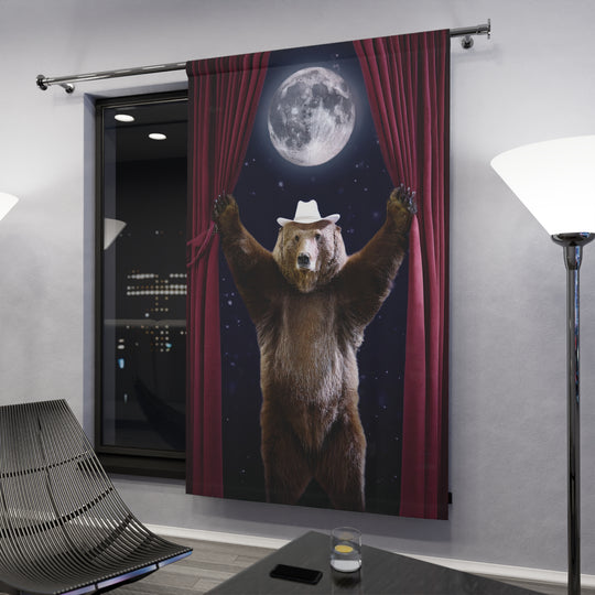 Curtain Panel - Grizzly Bear Cowboy Hat Full Moon Design