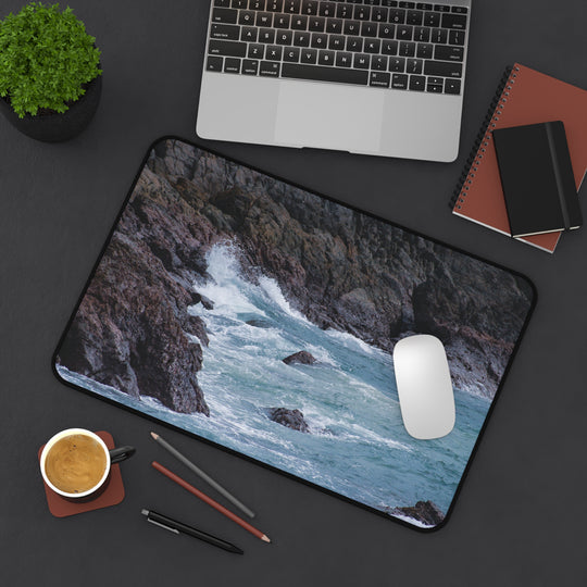 Desk Mat - Ocean Waves Hitting a Cliff Design