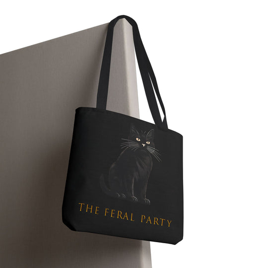The Feral Party Tote Bag — Black Canvas | Minimalist Cat Design