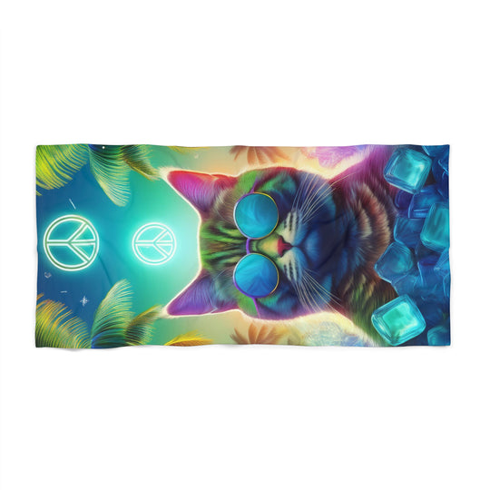 Cool Cat Beach Towel – Vibrant Tropical Design with Peace Symbol