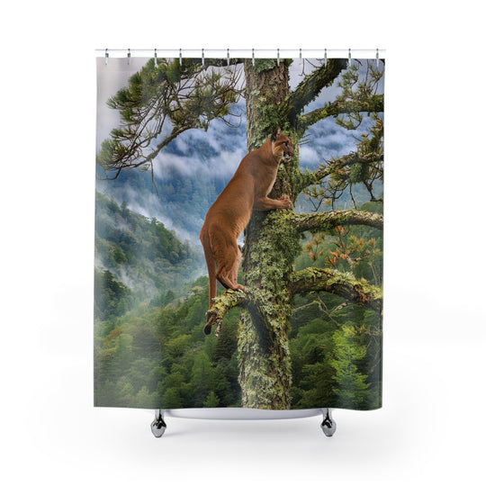 Mountain lion on a tree Shower Curtains