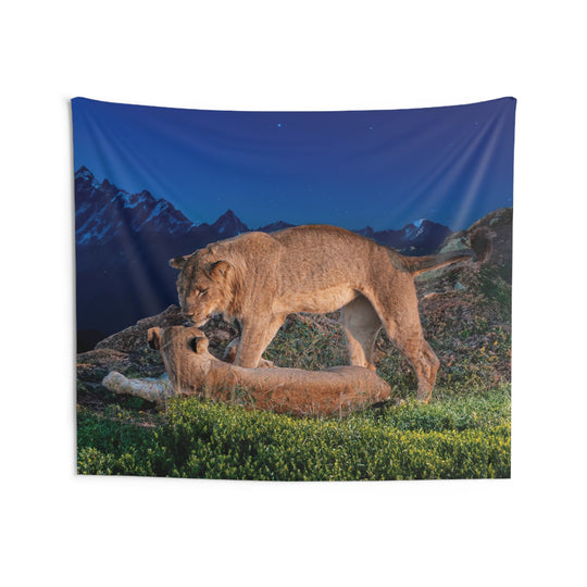 lions at night Indoor Wall Tapestries