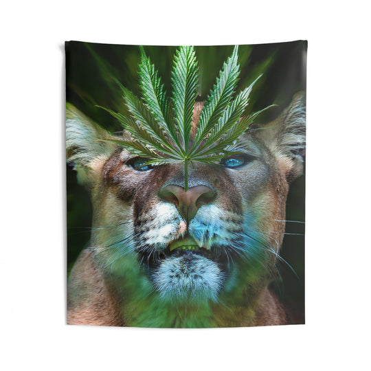 Tapestry Mountain Lion Smelling Marijuana Plant