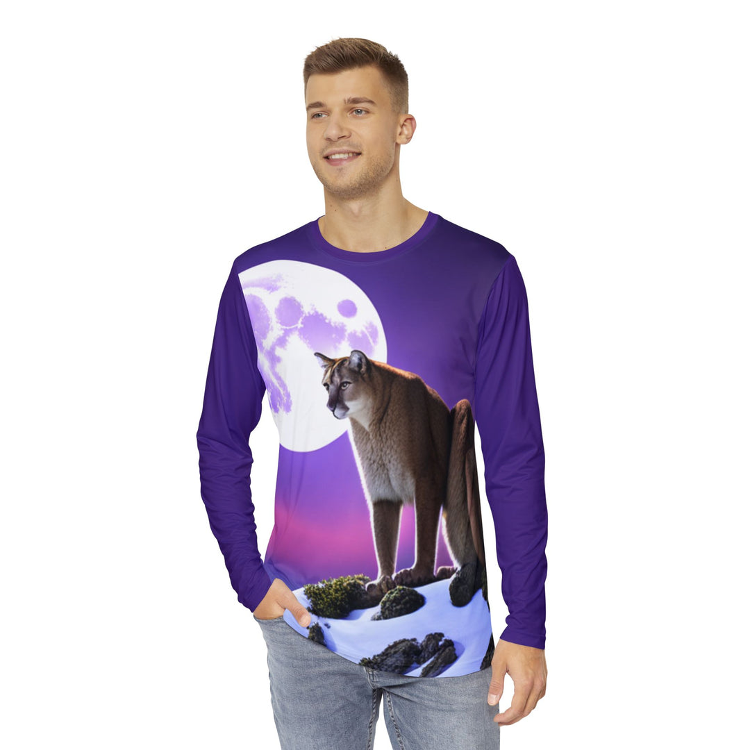 Men's Long Sleeve Shirt (AOP)- mountain under full moon and purple sky