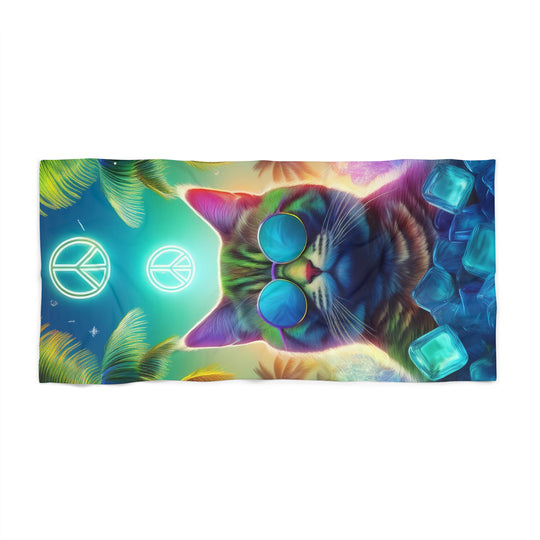 Cool Cat Beach Towel – Vibrant Tropical Design with Peace Symbol