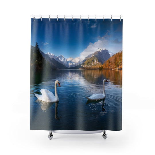 Shower Curtains - Swans in a Mountain Lake Design