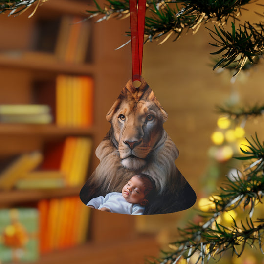 Metal Ornament - Lion holding a baby Christmas Ornament