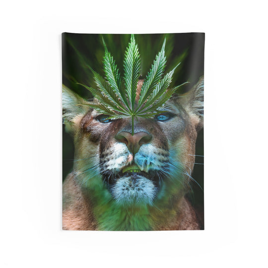 Tapestry Mountain Lion Smelling Marijuana Plant