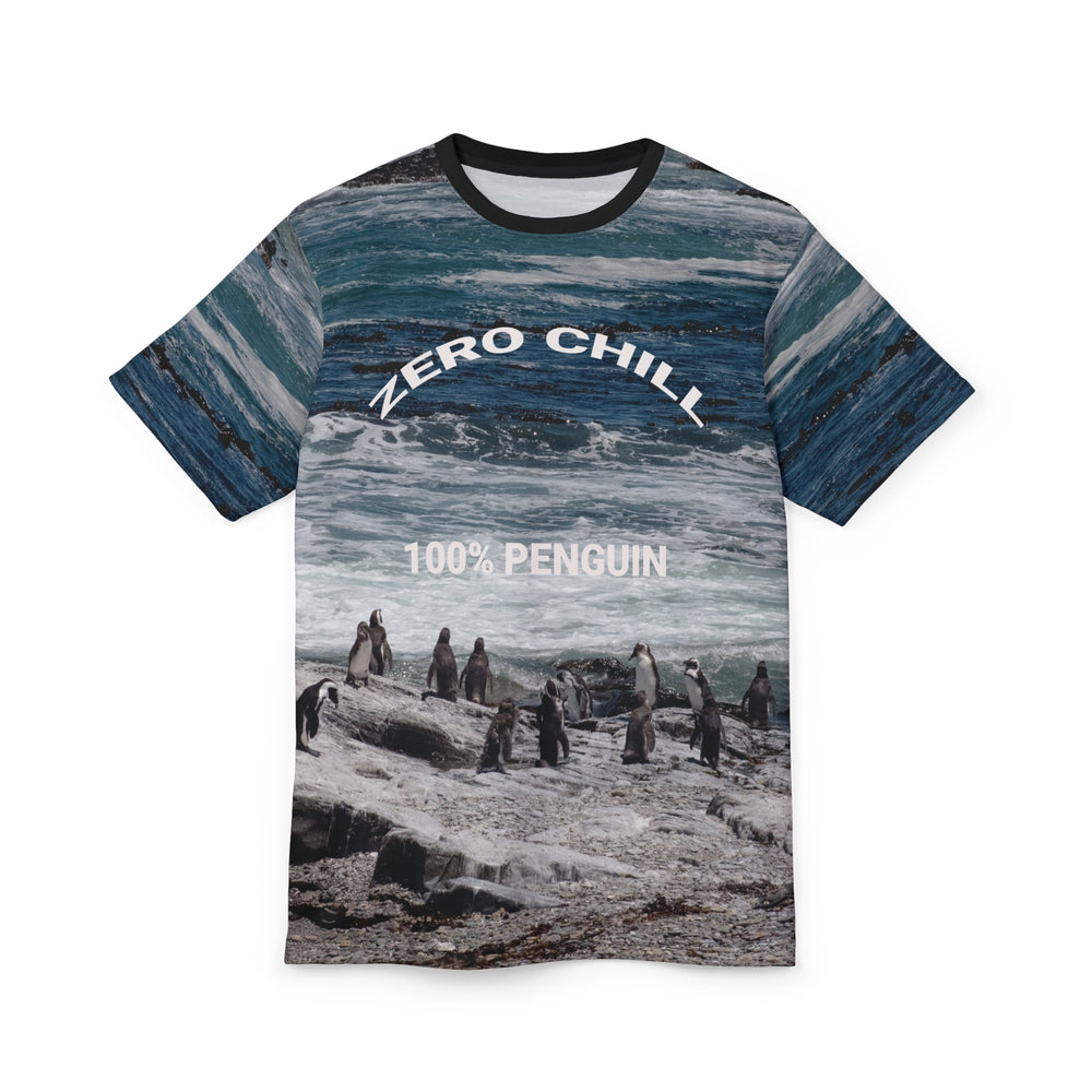 Coastal Penguin All-Over Print Tee — Windswept Shore Scene