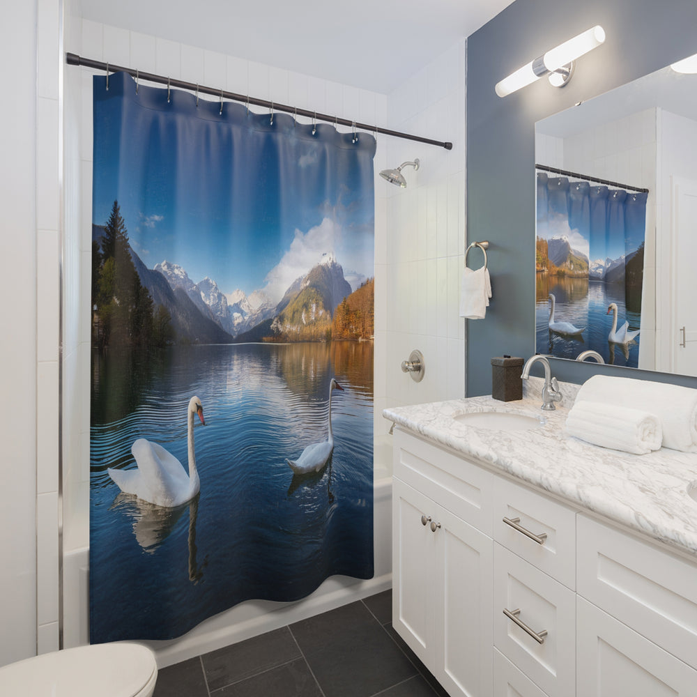 Shower Curtains - Swans in a Mountain Lake Design