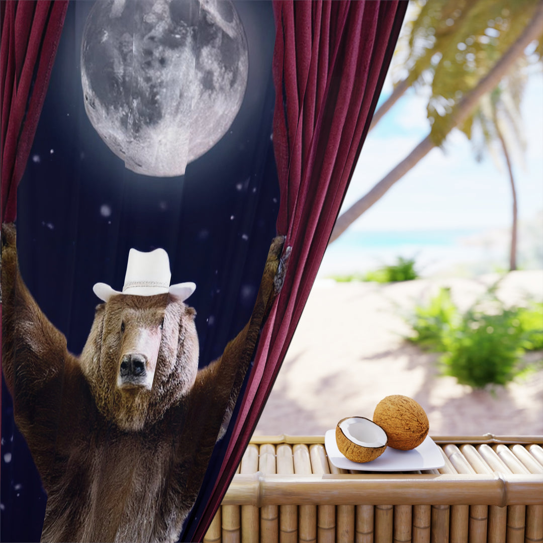 Curtain Panel - Grizzly Bear Cowboy Hat Full Moon Design