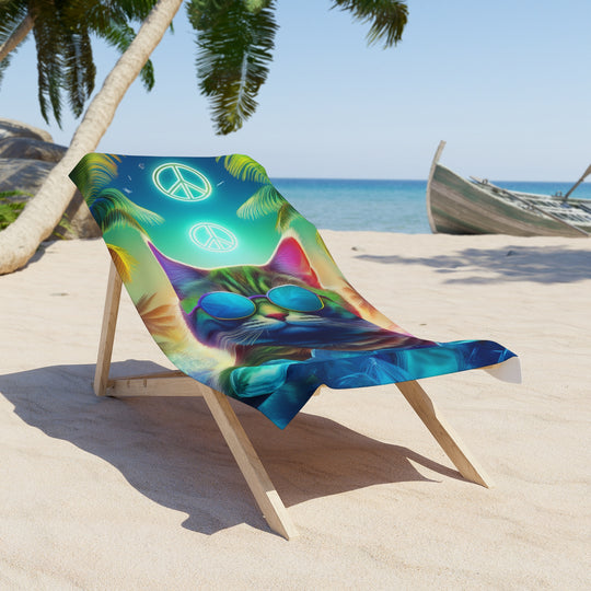Cool Cat Beach Towel – Vibrant Tropical Design with Peace Symbol