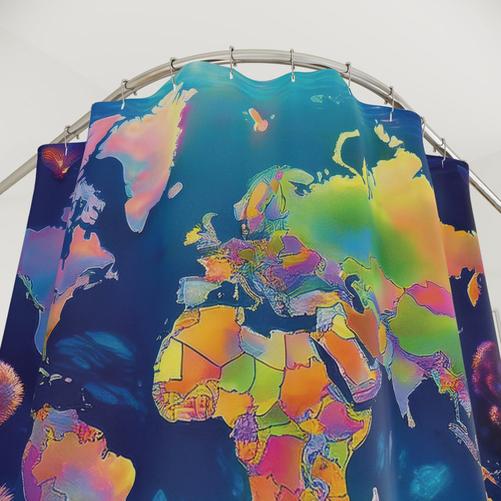 Shower Curtains - Child with Cat and Colorful World Map Design