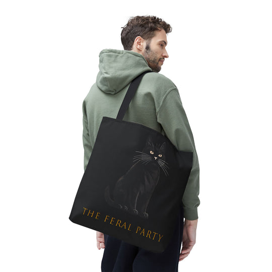 The Feral Party Tote Bag — Black Canvas | Minimalist Cat Design