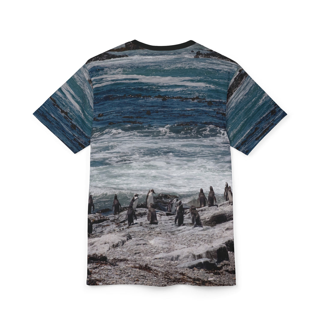 Coastal Penguin All-Over Print Tee — Windswept Shore Scene